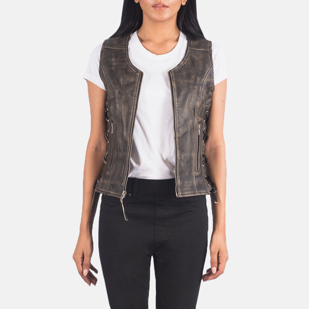 Vanda Distressed Brown Leather Biker Vest